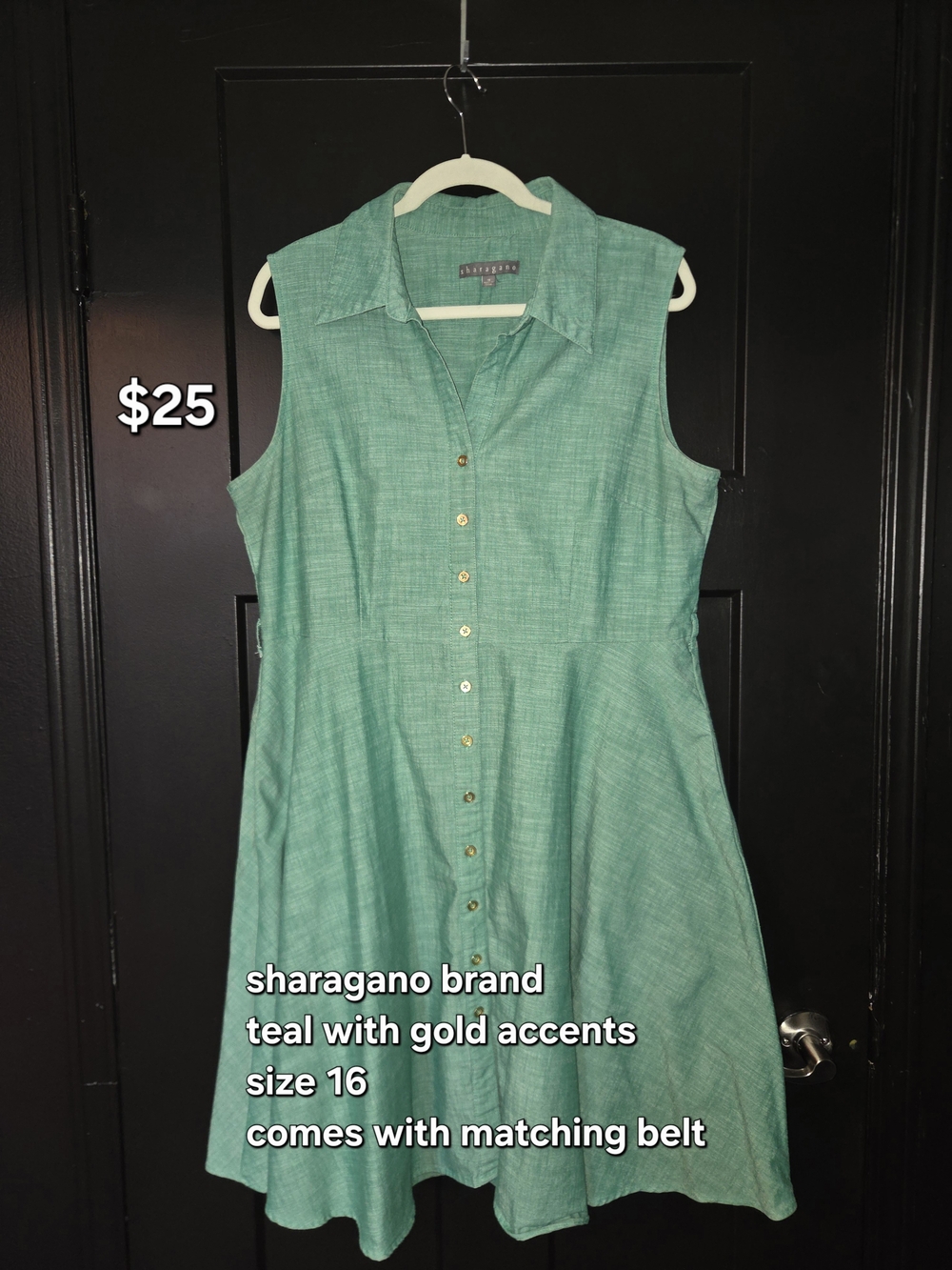 Sharagano Teal Sleeveless Button-Front Dress with Gold Accents